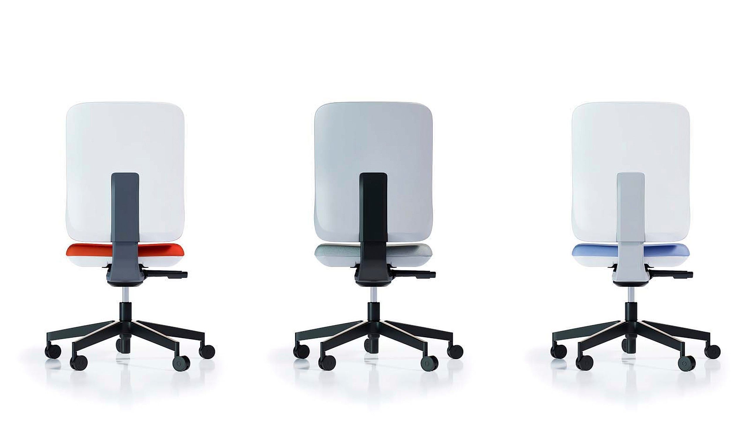 Photorealistic 3D product illustration of modern ergonomic chair in multiple color variations on clean studio background