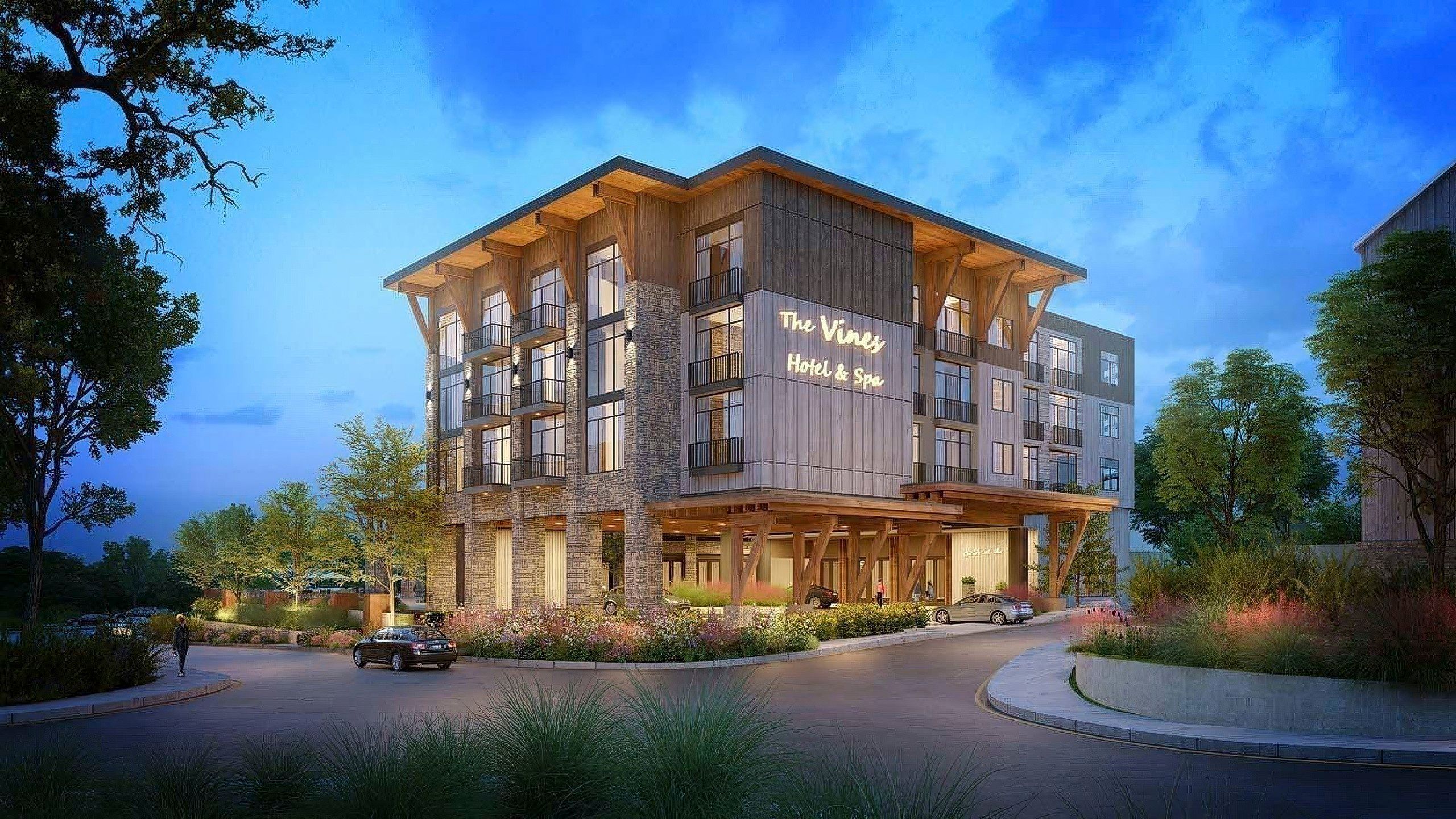 Exterior architectural rendering of modern mixed-use building with wood and stone facade at dusk, hotel and retail space, Pacific Northwest style