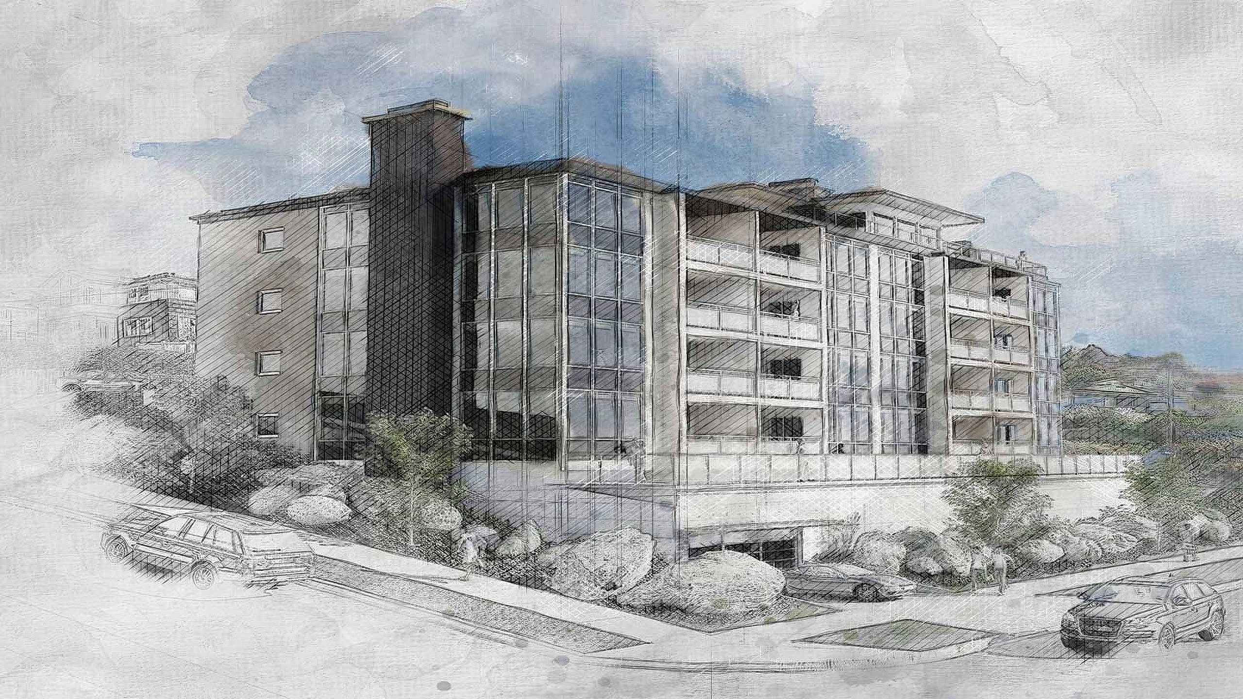 Non-photorealistic architectural illustration of modern building in sketch style with linework, shading, and soft color accents