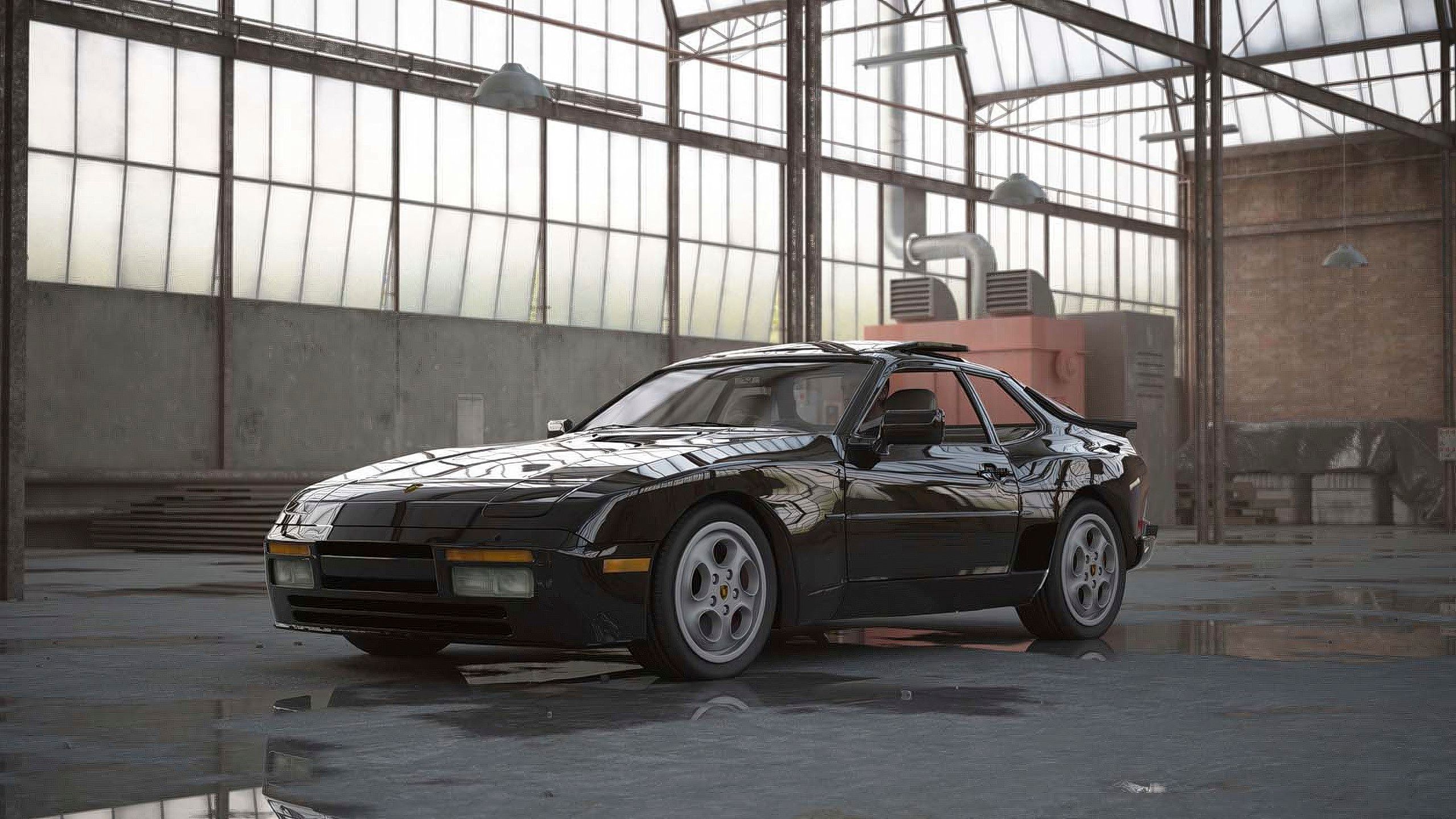 Photorealistic 3D automotive illustration of classic Porsche sports car in industrial warehouse setting with reflective lighting